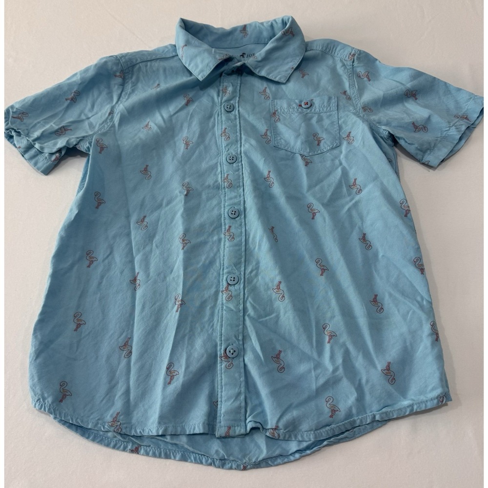 Caribbean Joe Kids Flamingo Print Button Shirt Blue Rayon Size M 7/8 Short
